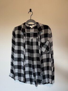 Becool Black Gray Plaid Button Up Top Size L Lightweight Flannel Casual